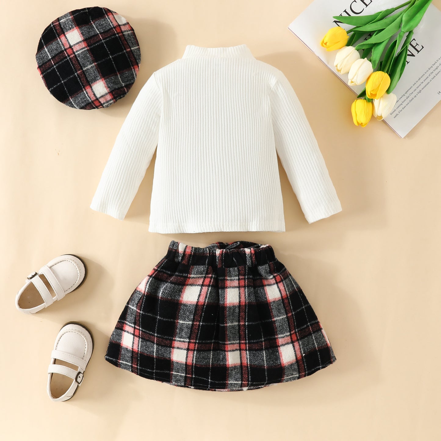 Turtleneck Top Drawstring Tartan Skirt Beret Three-piece Set