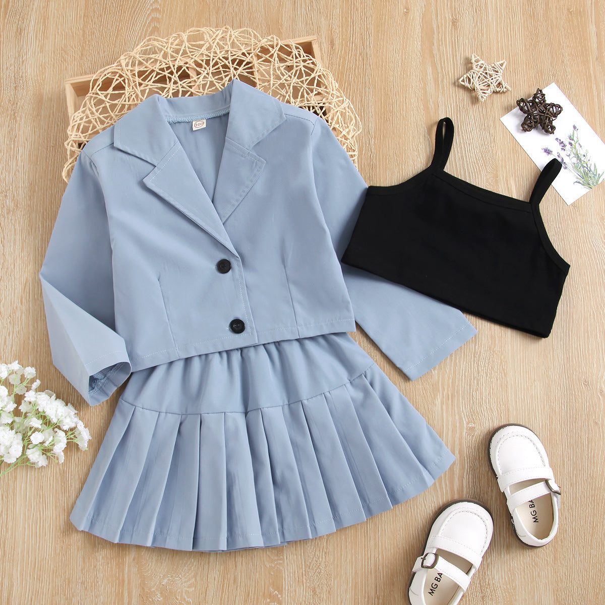 Suit Collar Long Sleeve Button Top Princess Pleated Skirt Camisole 3 Piece Set