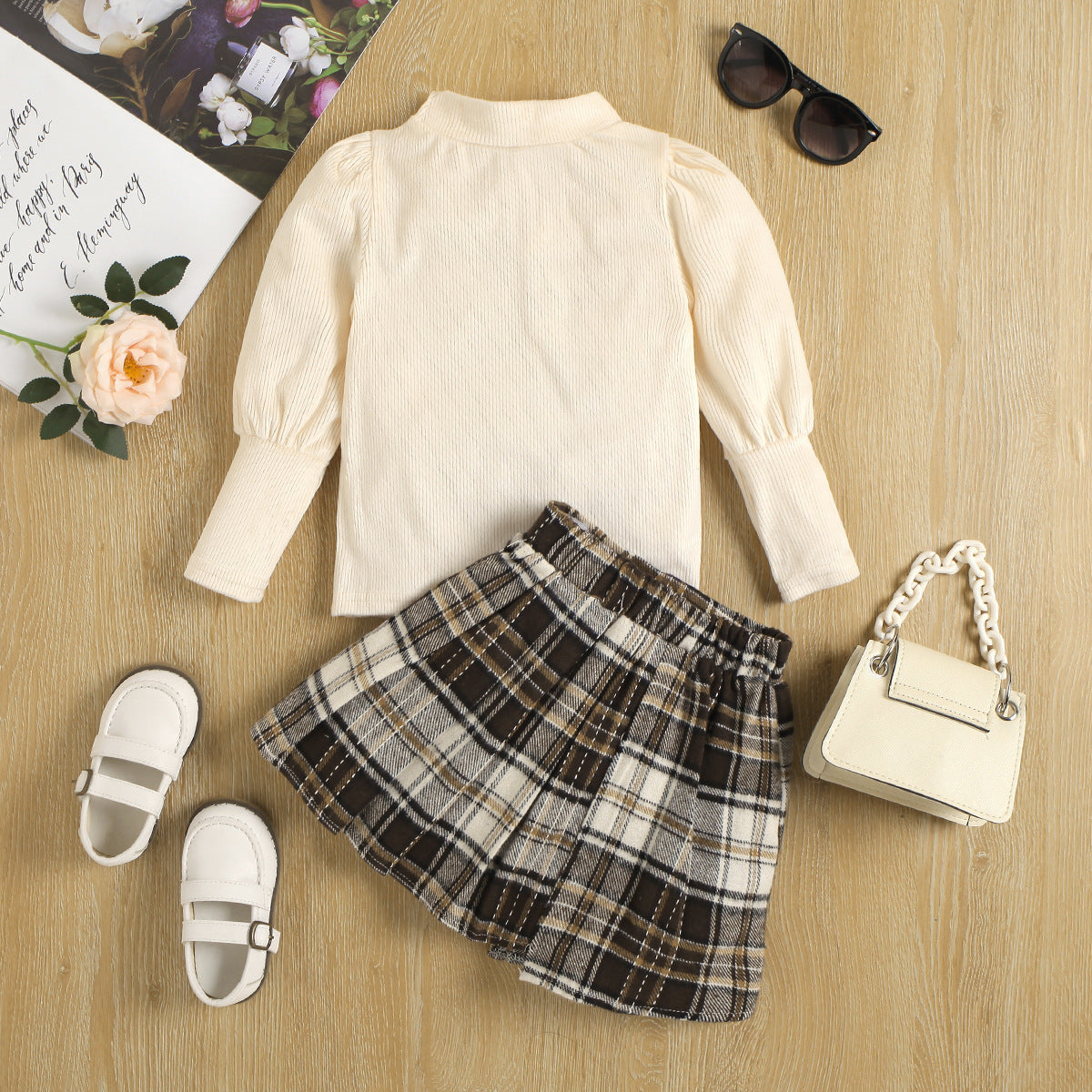 Two Piece Set Of Pit Knitted Top Irregular Plaid Short Skirt