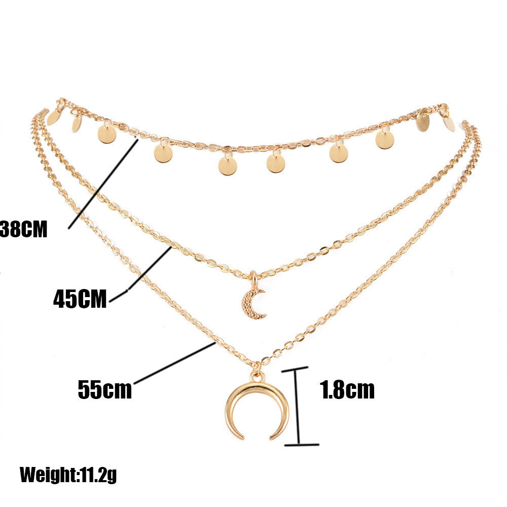 Fashion Personality Women's Multi-Layer Disc Moon Pendant Necklace Combination Bohemian National Style New