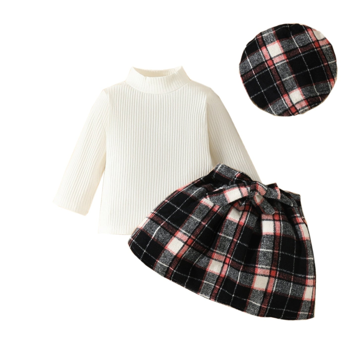 Turtleneck Top Drawstring Tartan Skirt Beret Three-piece Set