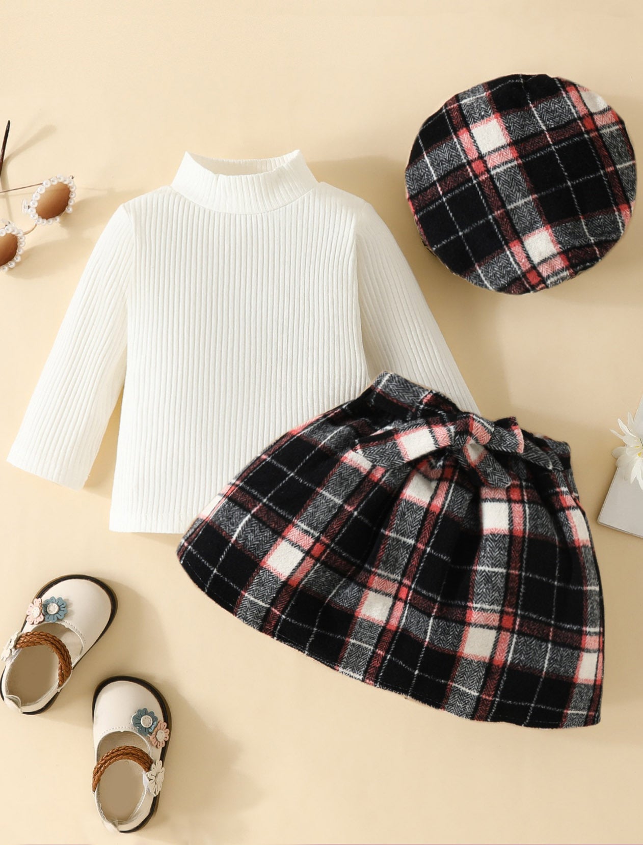 Turtleneck Top Drawstring Tartan Skirt Beret Three-piece Set