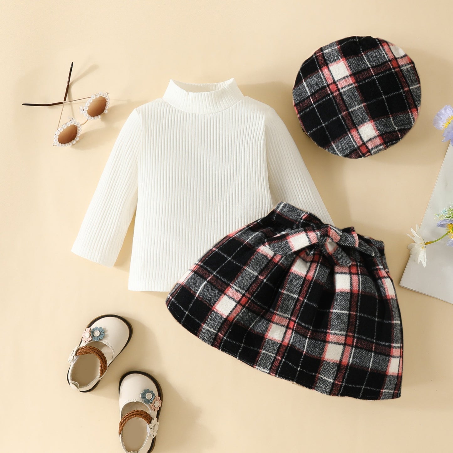 Turtleneck Top Drawstring Tartan Skirt Beret Three-piece Set