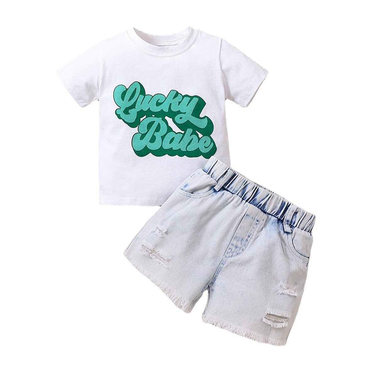 Children's Letter Short Sleeve Denim With Hole Shorts Suit