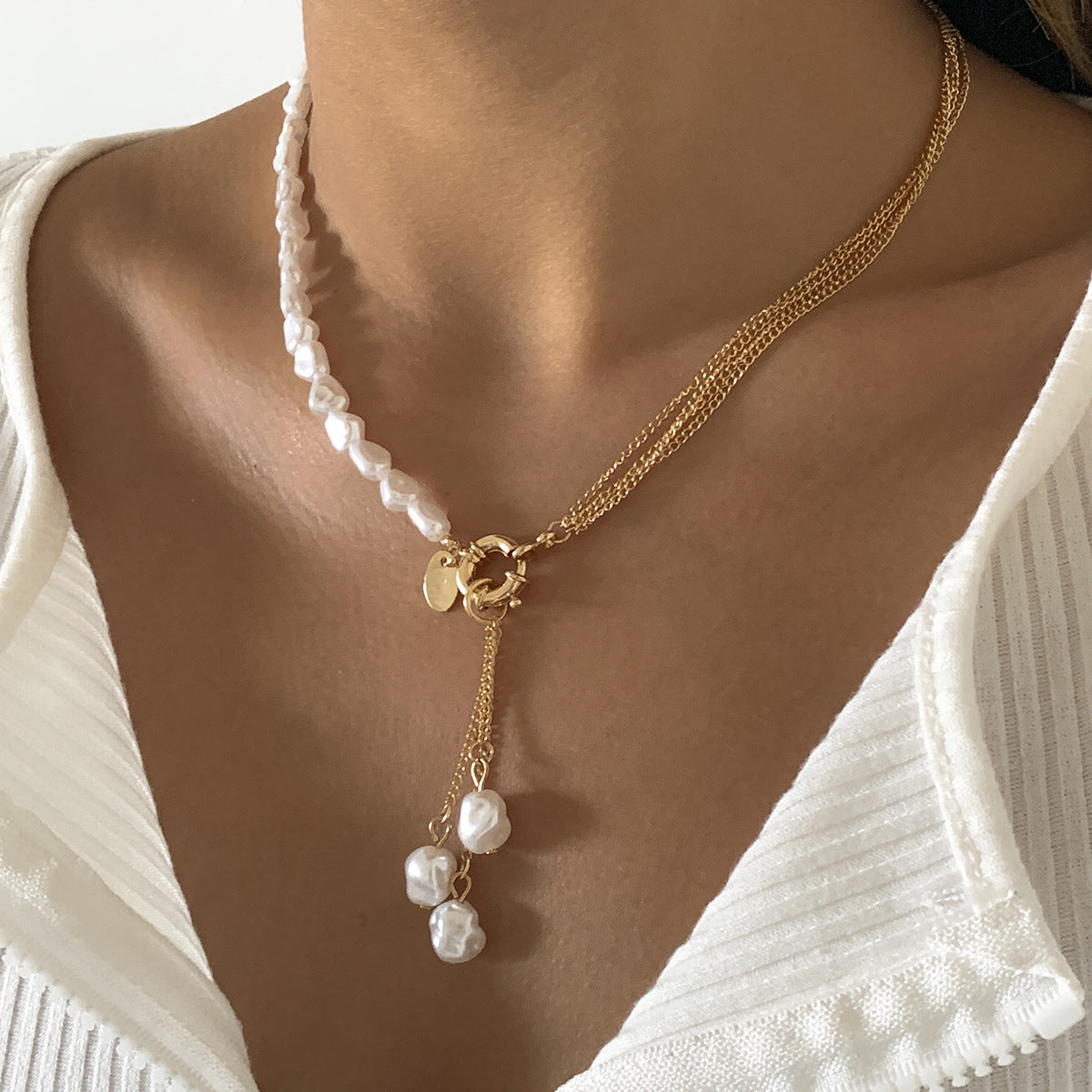 Elegant Asymmetric Shaped Faux Pearl Tassel Necklace