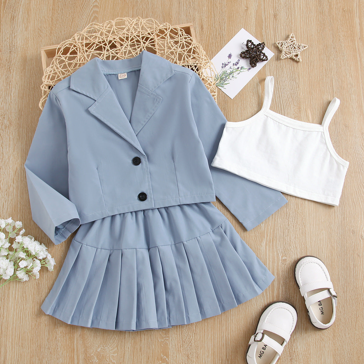 Suit Collar Long Sleeve Button Top Princess Pleated Skirt Camisole 3 Piece Set