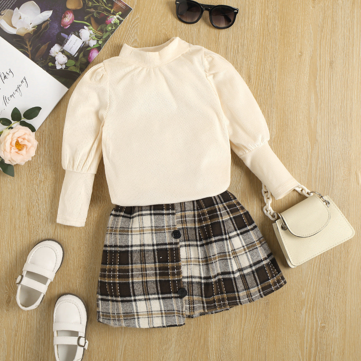 Two Piece Set Of Pit Knitted Top Irregular Plaid Short Skirt