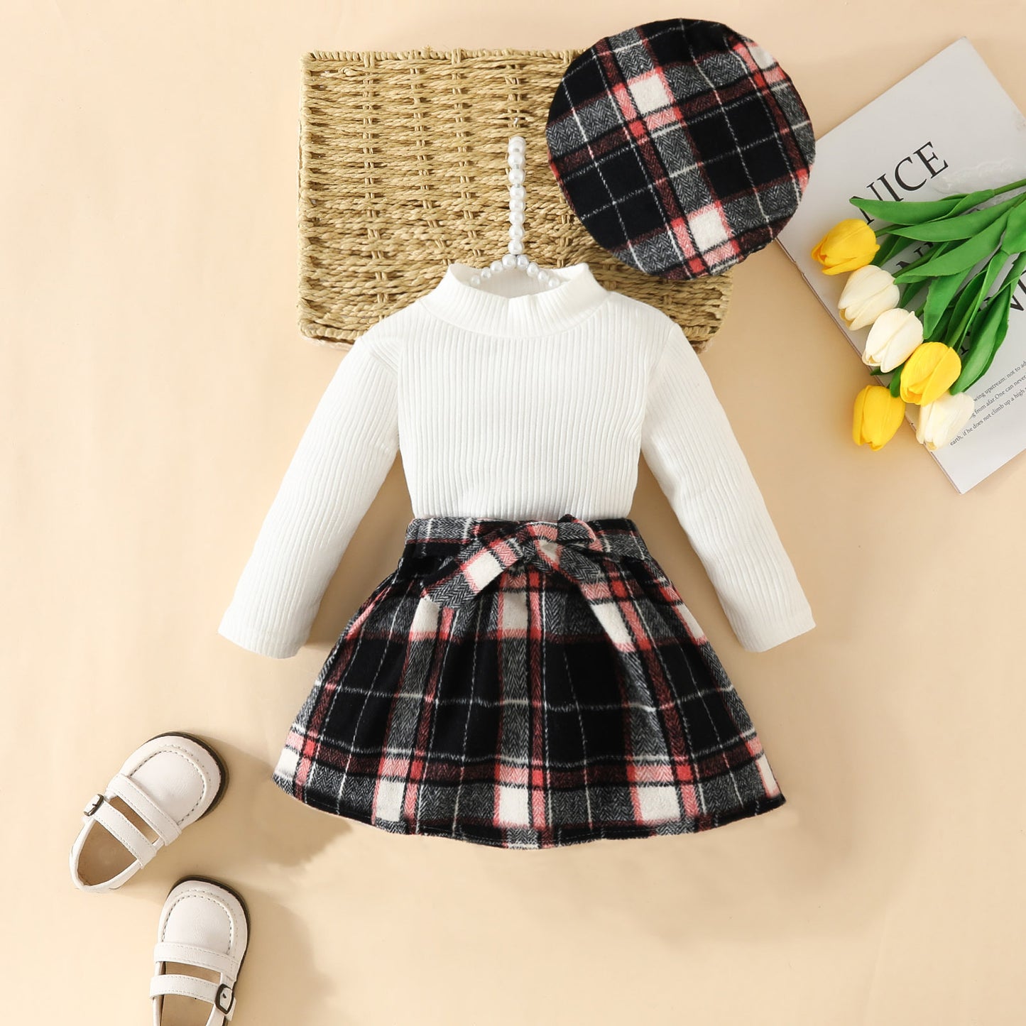 Turtleneck Top Drawstring Tartan Skirt Beret Three-piece Set